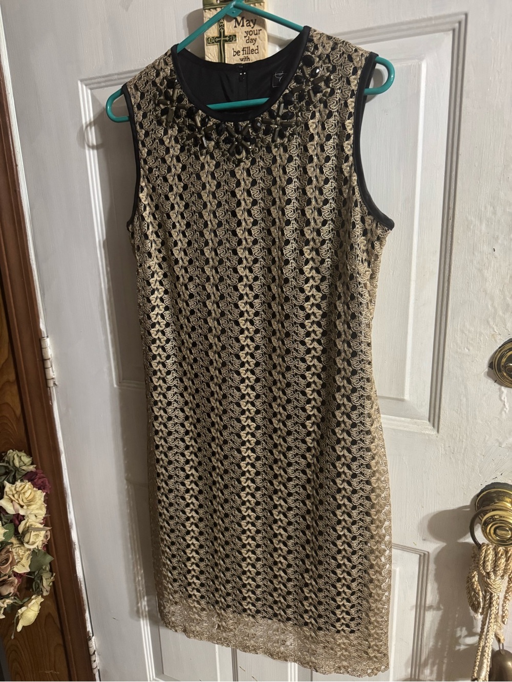 dressbarn Black Sheath Dress with Gold Lace Overlay